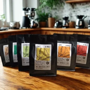 Produktbild-Set Row of black coffee bags with Café No.1–No.3 labels on a wooden table; blurred coffee machines in the background.